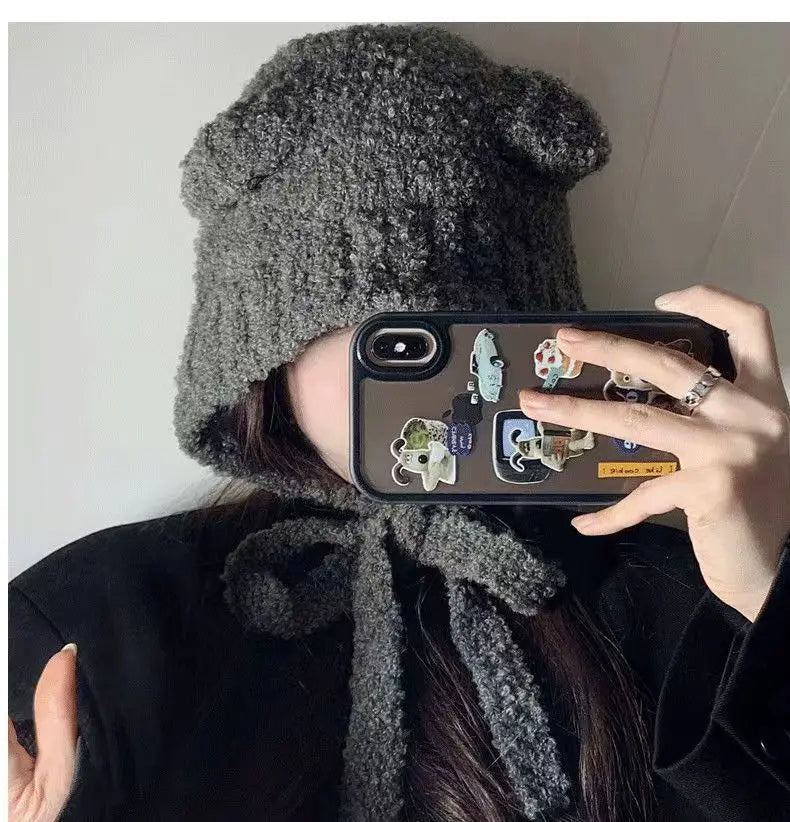 Women's Cute Bear Ear Plush Beanie | Cozy Winter Bomber Hat