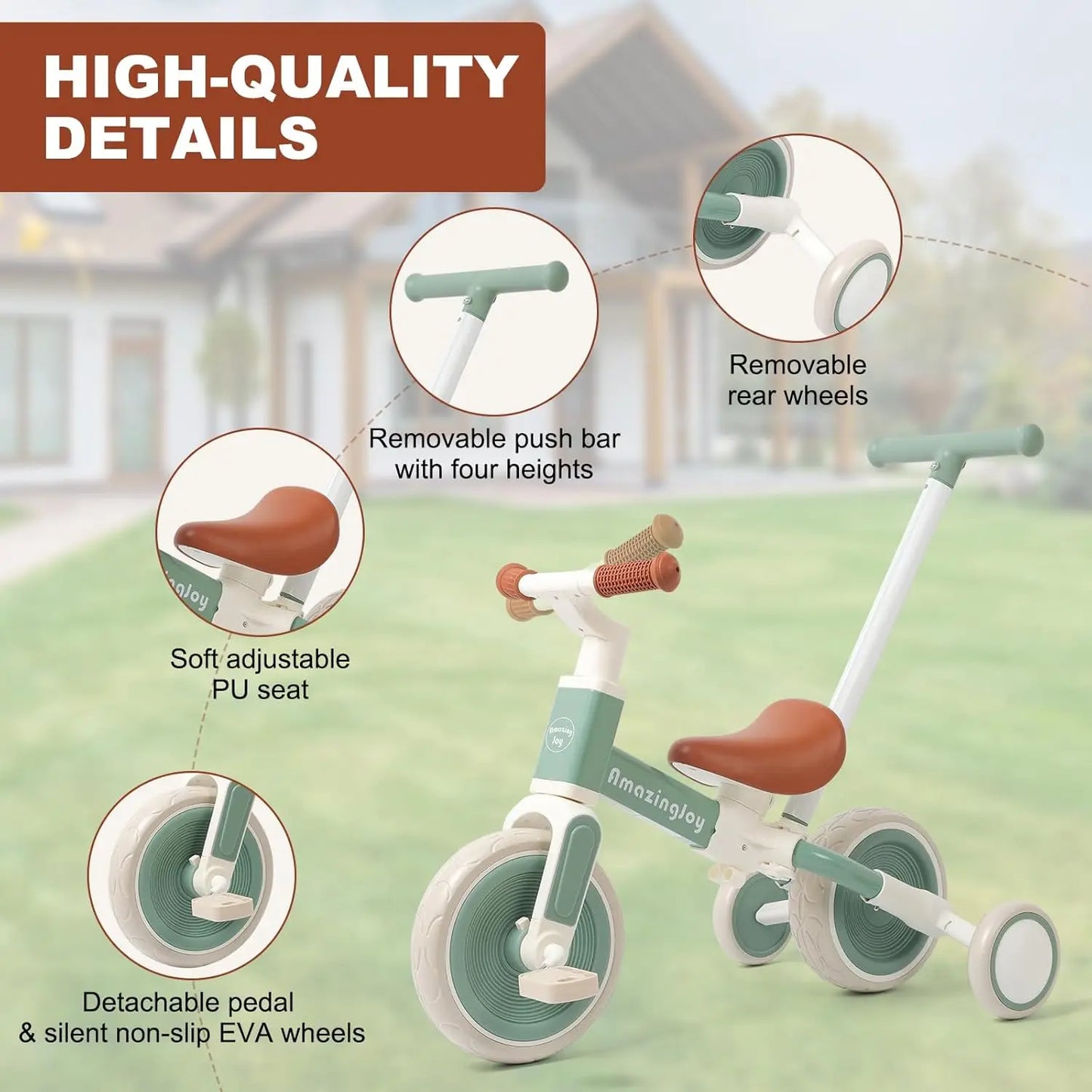 6-in-1 Toddler Tricycle with Adjustable Seat and Training Wheels