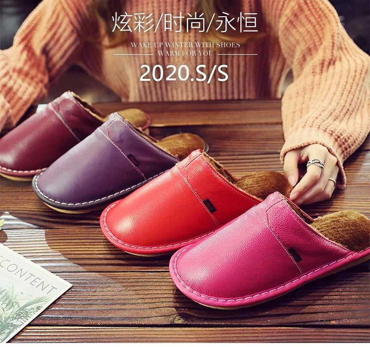Couples Leather Plush Winter Slippers | Cozy Waterproof Shoes