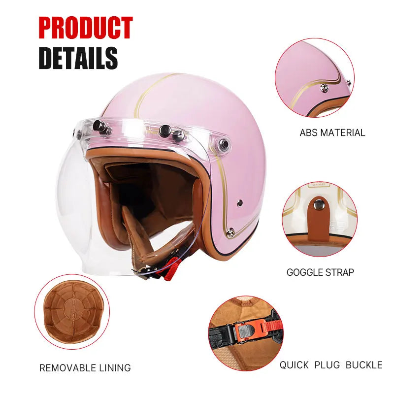 3/4 Open Face Retro Motorcycle Helmet with Bubble Visor - DOT Approved