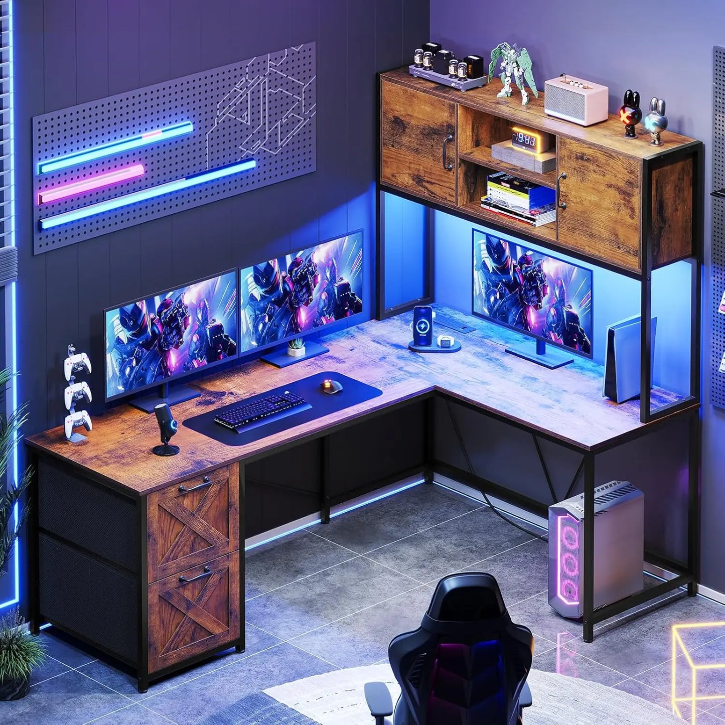 L-Shaped Gaming Desk with LED Lights & Storage Solutions