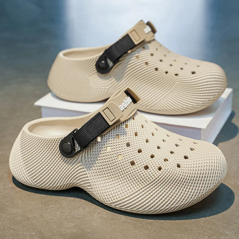 Summer new 3D grid pattern hollow breathable toe hole shoes for couples with thick soles and a poop like beach feel
