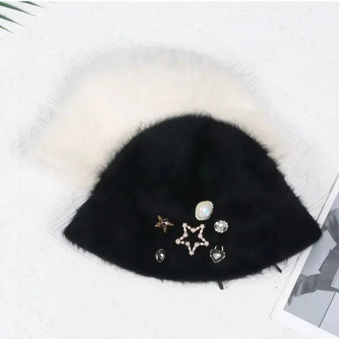 Oversized Rhinestone Rabbit Fur Bucket Hat | Stylish Warm Winter Cap