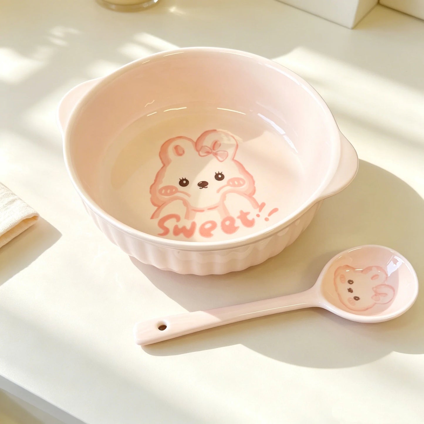 Cute Cartoon Bear Rabbit Ceramic Bowl with Spoon | Microwave & Dishwasher Safe