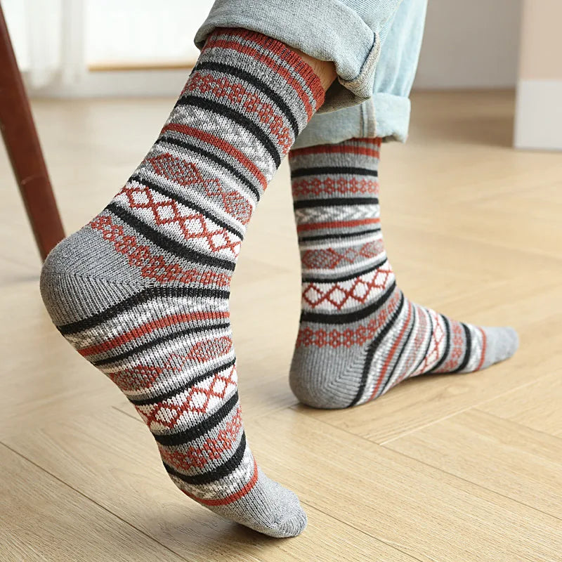 Men's Thick Cotton Mid Tube Socks | Warm Retro Ethnic Stripes