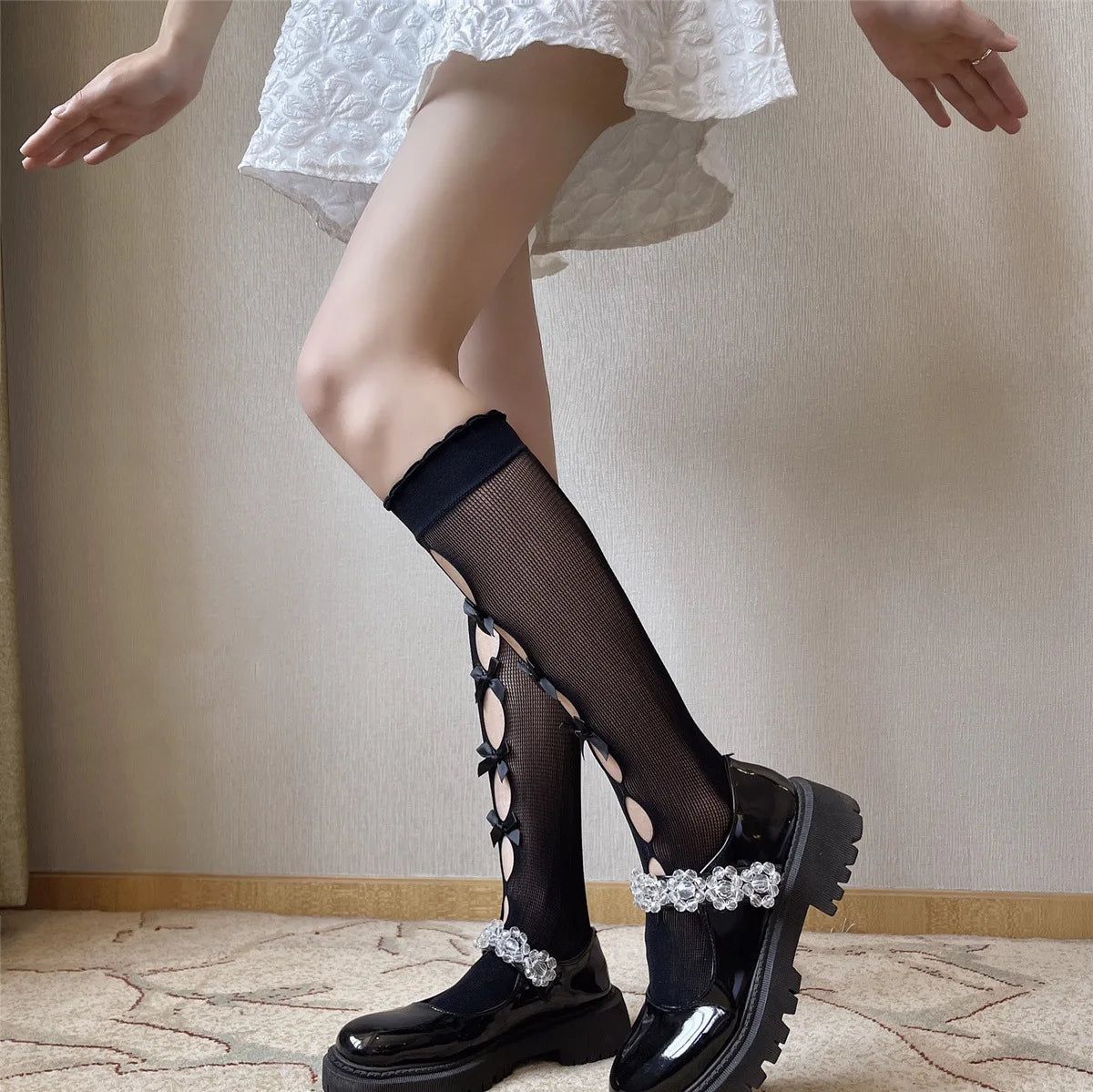 Kawaii Hollow Out Mesh Fishnet Socks | Cute Bow Long Stockings