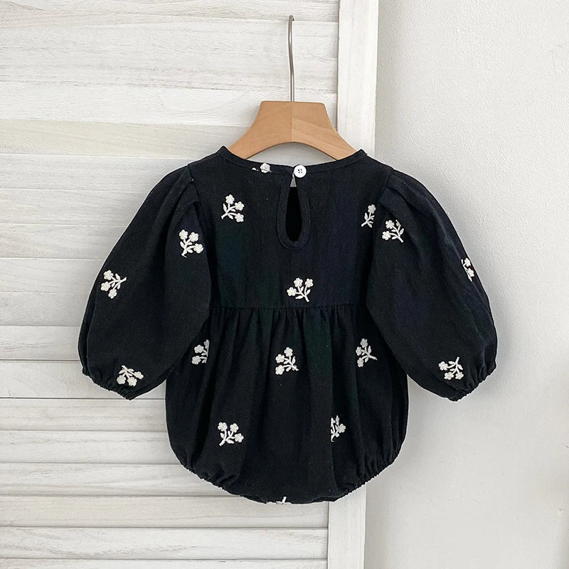 Baby Girls Embroidered Bow Romper | Cozy Autumn Jumpsuit