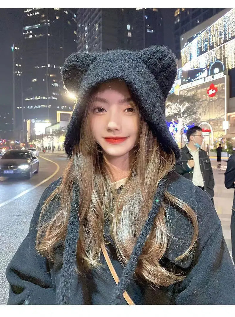 Women's Cute Bear Ear Plush Beanie | Cozy Winter Bomber Hat