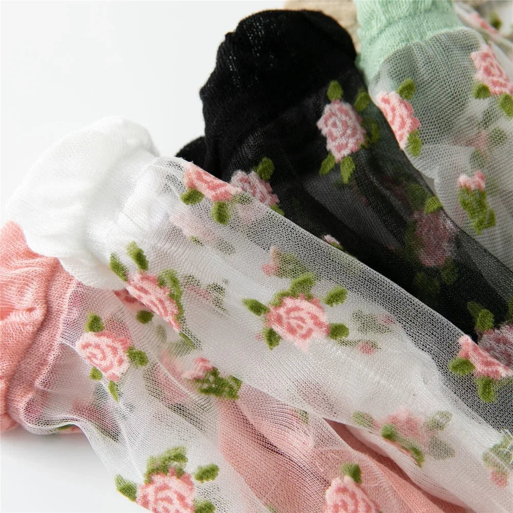 Women's Ultra-thin Lace Ruffle Socks | Vintage Rose Floral Style