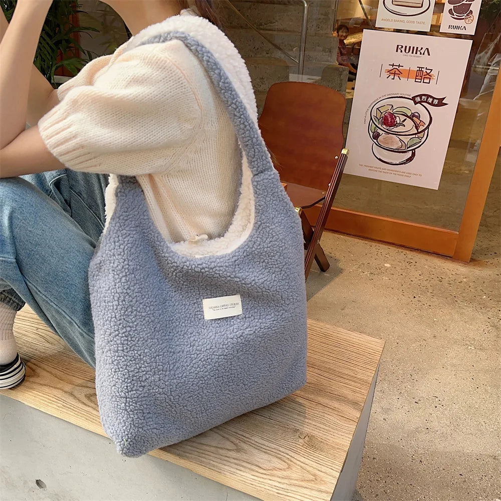 Reversible Plush Shoulder Bag for Women | Warm Fabric Tote