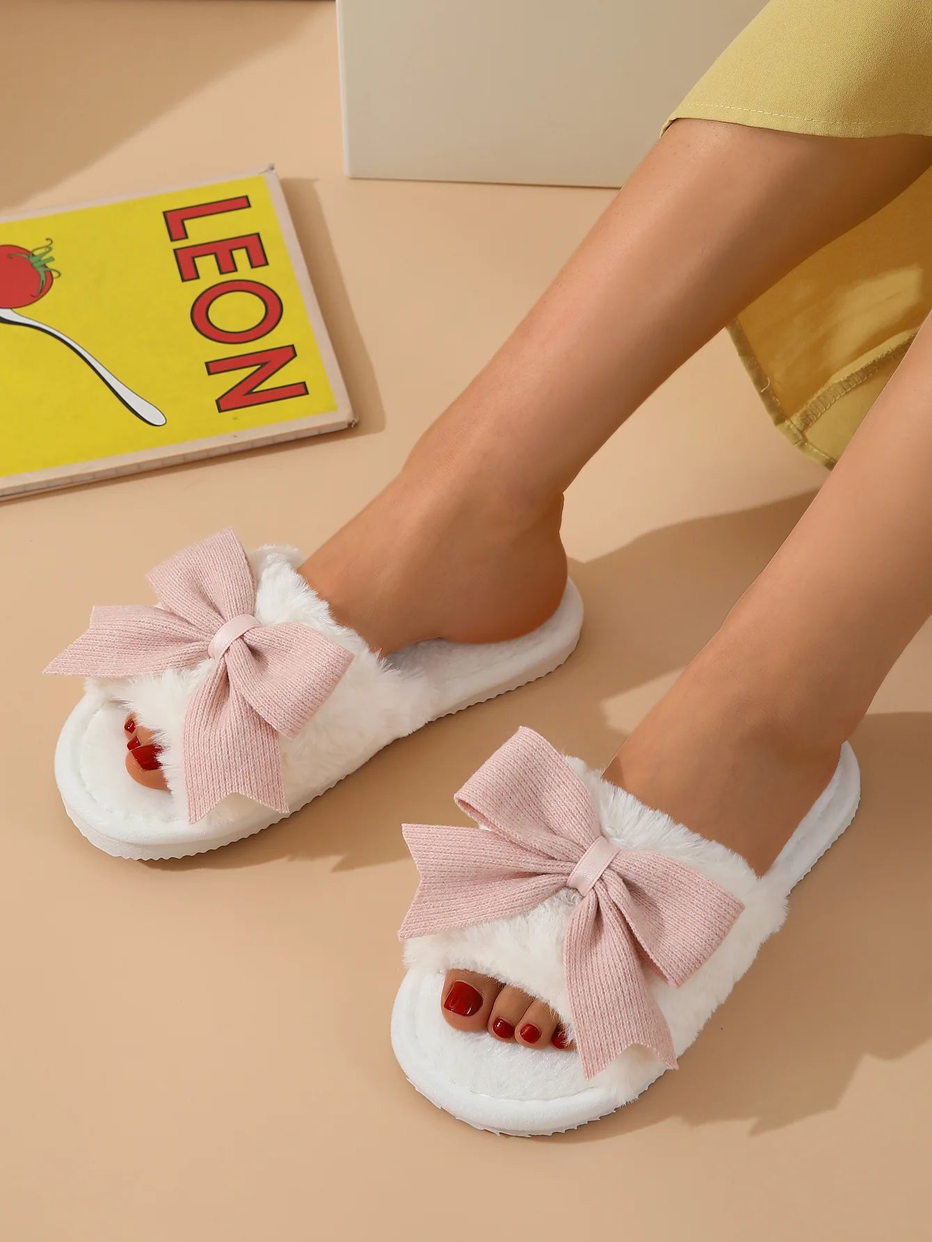 Women's Cute Bow Open Toe Plush Slippers | Cozy Winter House Shoes
