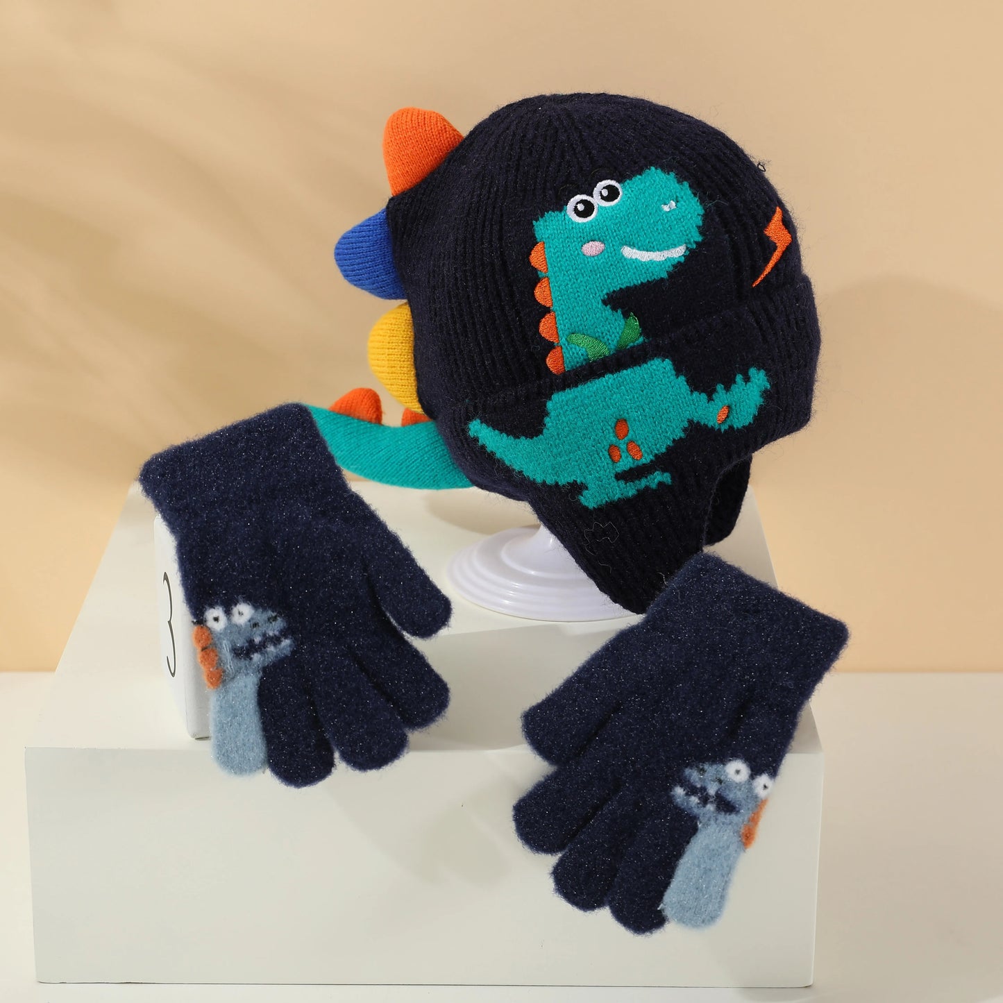 Kids Dinosaur Knitted Beanie & Glove Set | Warm Winter Essentials