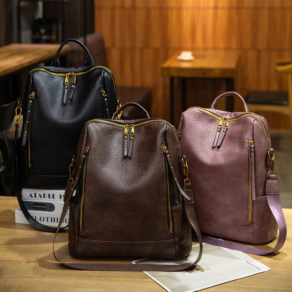 Vintage Leather Backpack | Large Capacity Travel Rucksack for Women