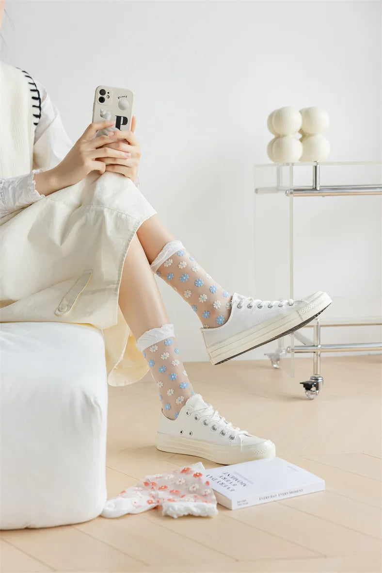 Floral Print Women's Socks | Thin Transparent Summer Socks