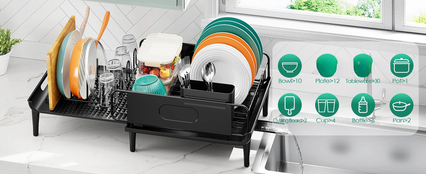 Expandable Dish Rack with Multifunctional Drainboard for Kitchen
