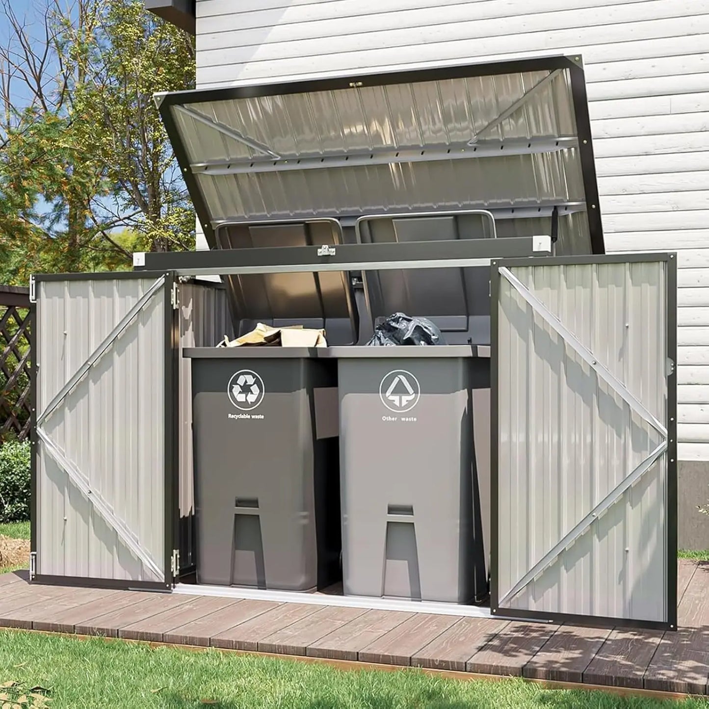 80 CU.FT Metal Outdoor Storage Shed | Weatherproof Trash Can Organizer