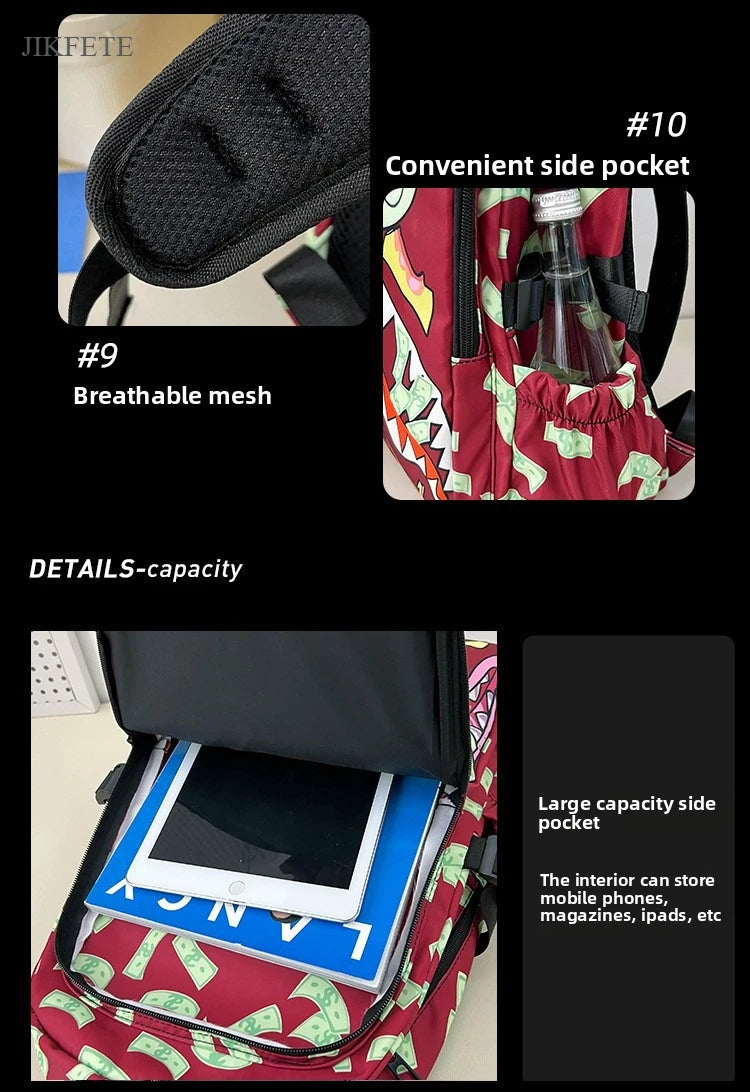 Stylish Shark Mouth Print Backpack | Versatile School & Travel Bag