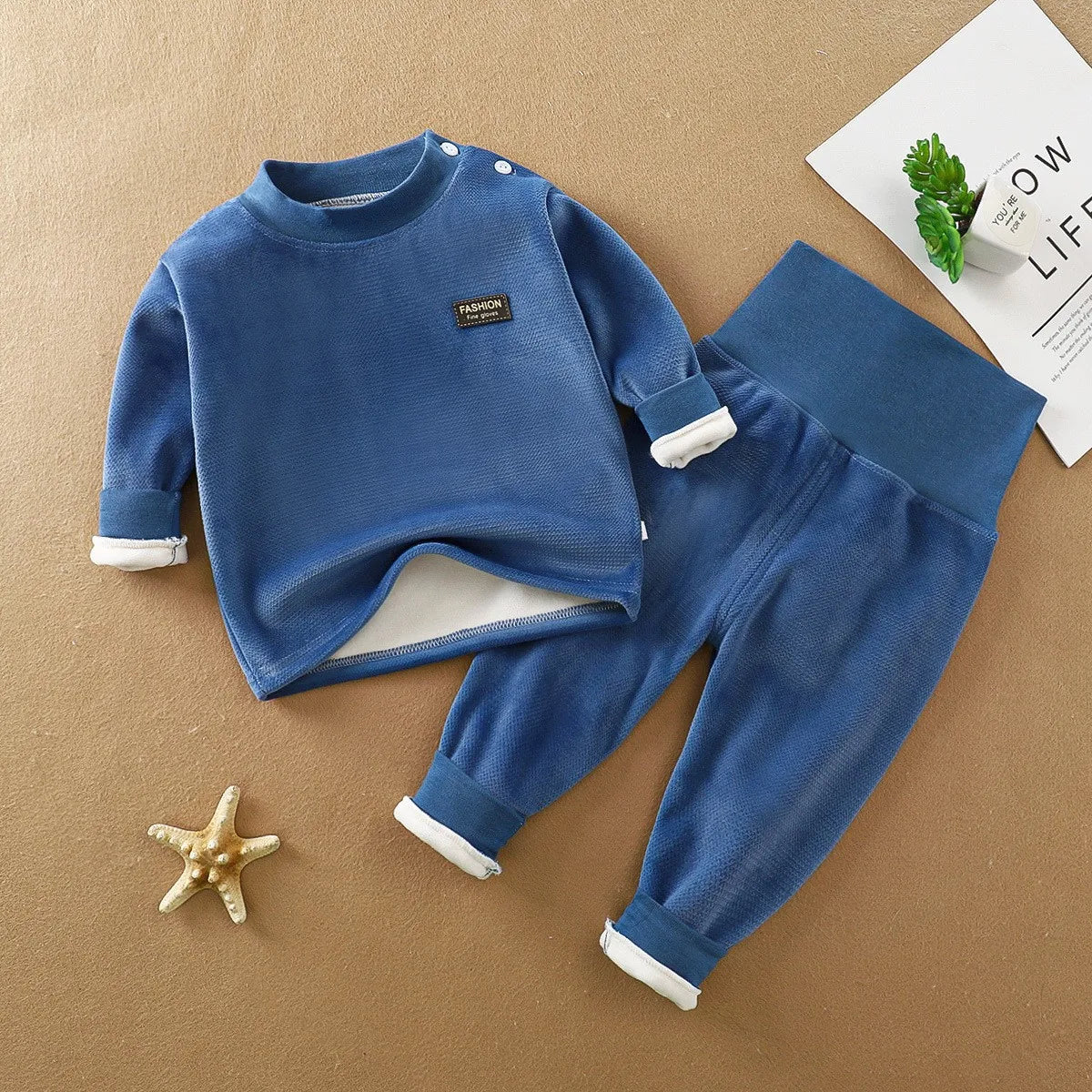 Unisex Kid's Fleece-Lined High Neck Top & Pants Set for Daily Wear