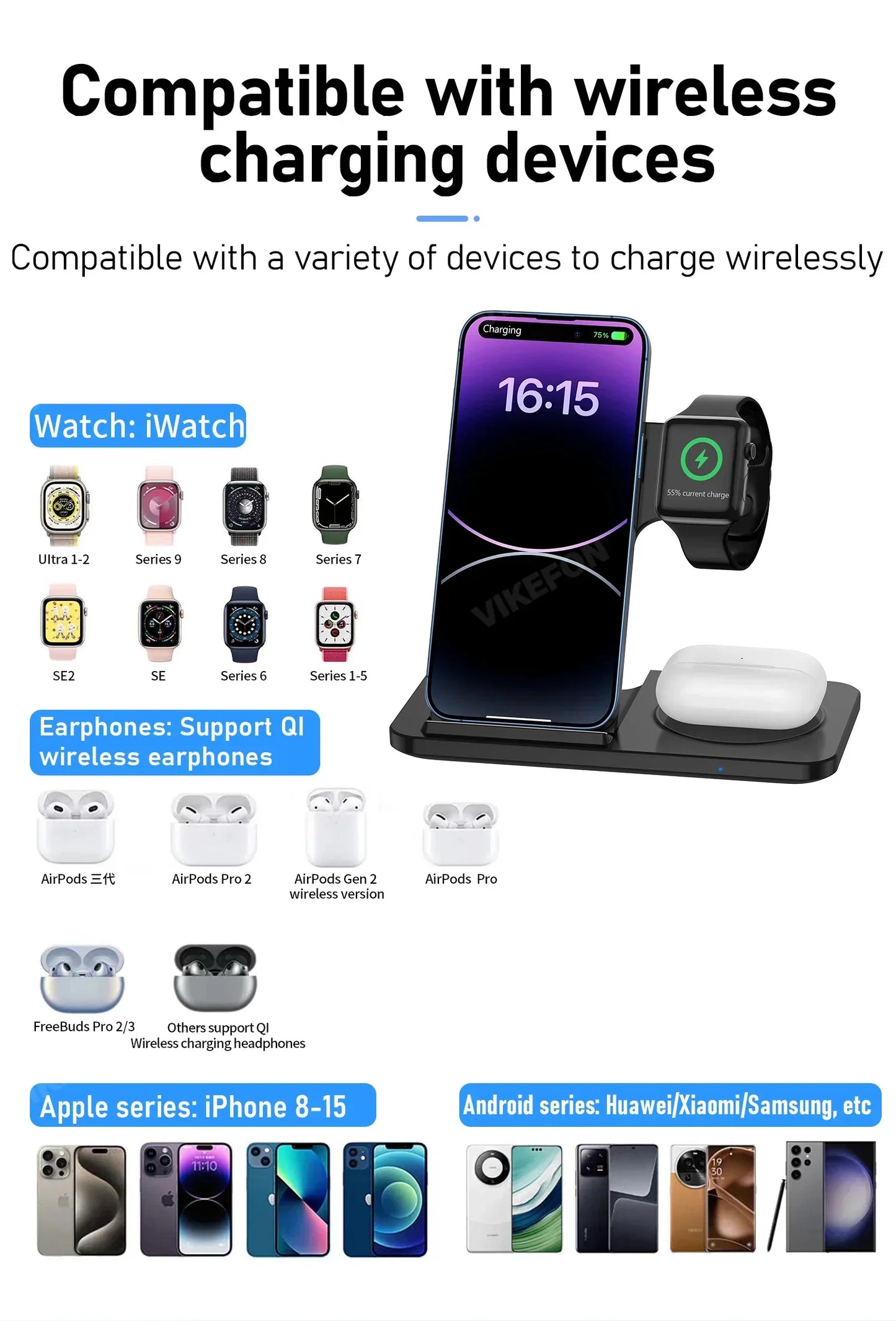 30W Foldable 3-in-1 Wireless Charging Station | Fast Qi Charger