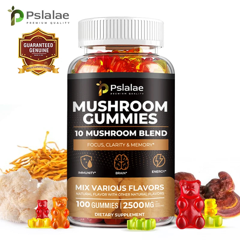 10-Strain Mushroom Gummies for Energy, Focus, and Stress Relief