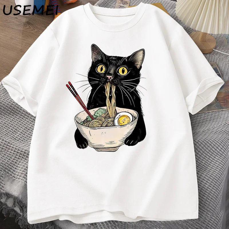 Funny Cat Noodle T-Shirt | Retro Casual Tee for Food Lovers