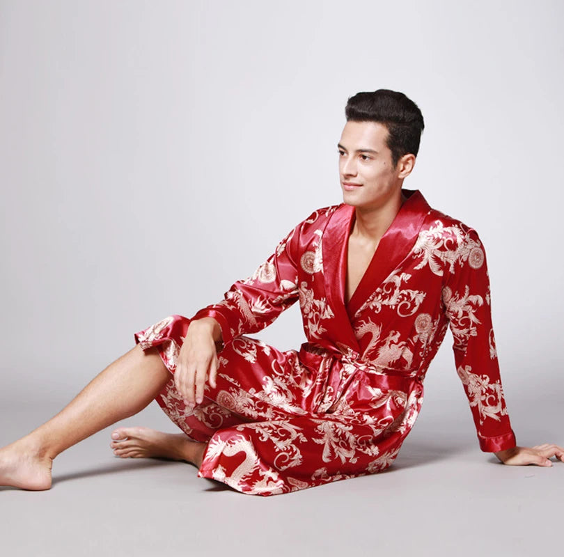 Traditional Japanese KIMONO Fashion YUKATA Oriental Gold Dragons Pattern Bathrobe Summer Men Ice Silk Robes Pajamas  Sleepwear