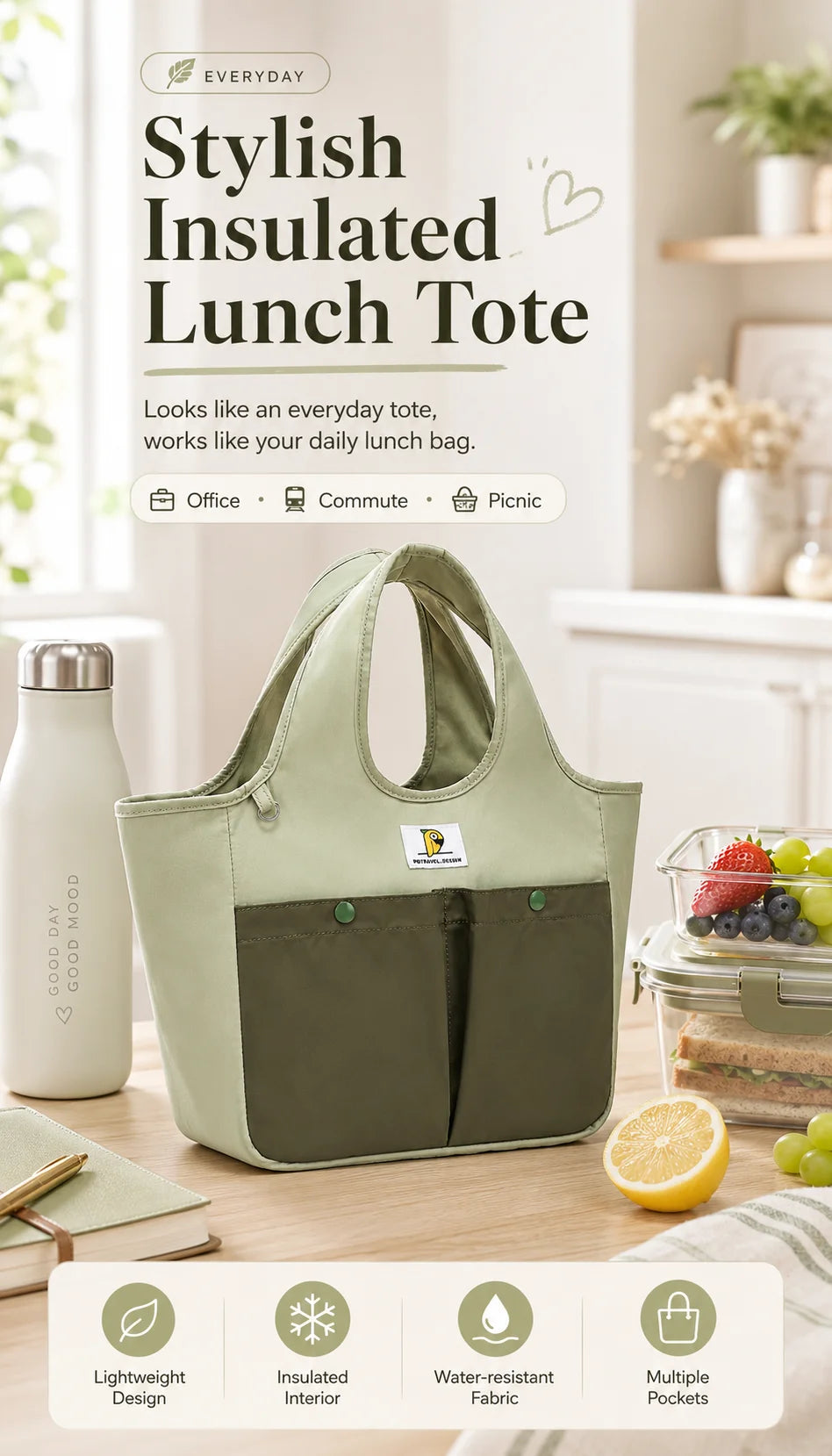 Insulated Lunch Bag Tote Waterproof Portable Large Capacity Bento Box Bag Thermal Cooler Handbag for Office School Picnic