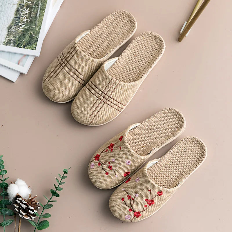 Cozy Indoor Embroidered Linen Slippers for Couples