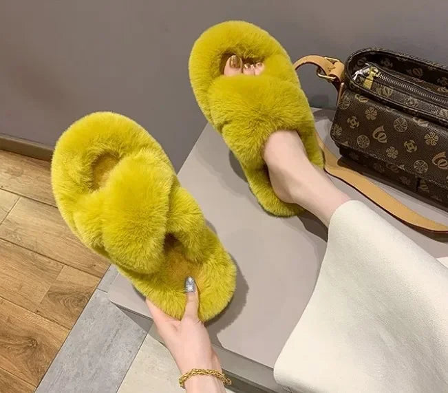 Cozy Double Fur Cross-Strap Plush Slippers | Warm Indoor Footwear