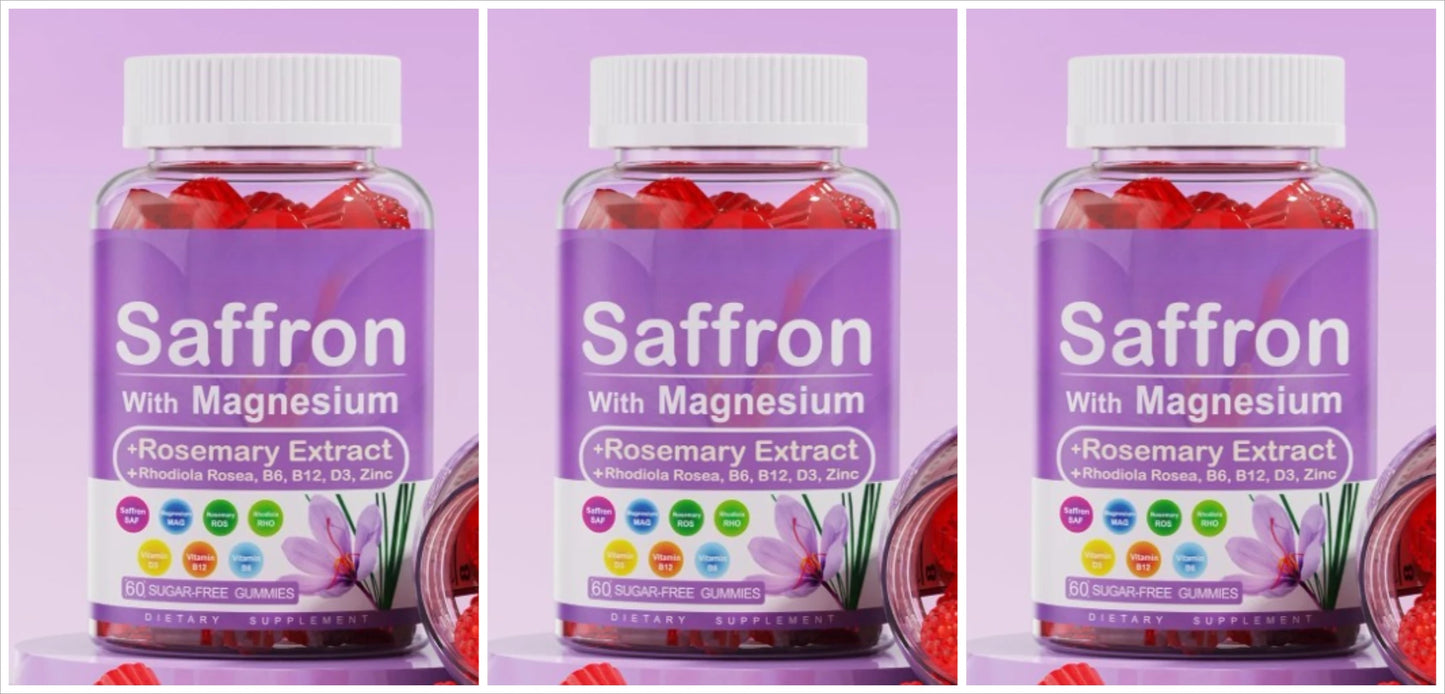Saffron Gummies 4 Months Supply Extract 177mg Magnesium Glycinate B6 B12 D3 for Calm Rest Focus Sugar Free