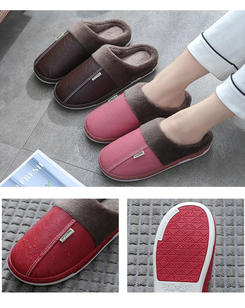 Men's Warm PU Leather Plush Slippers | Cozy Waterproof House Shoes