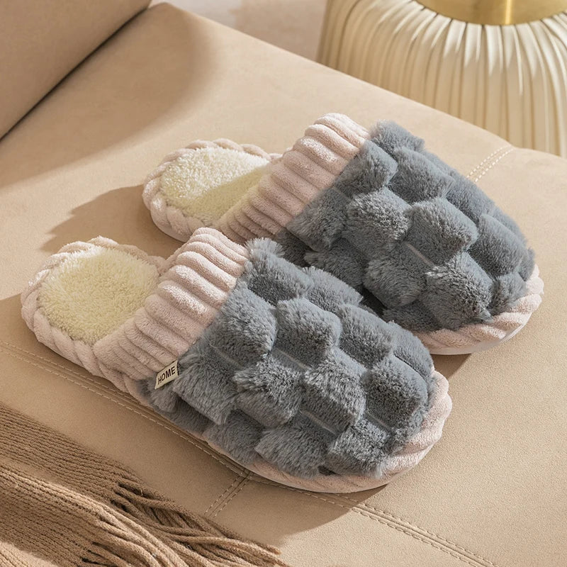 Cozy Couples Plaid Plush Slippers | Warm Indoor Winter Shoes
