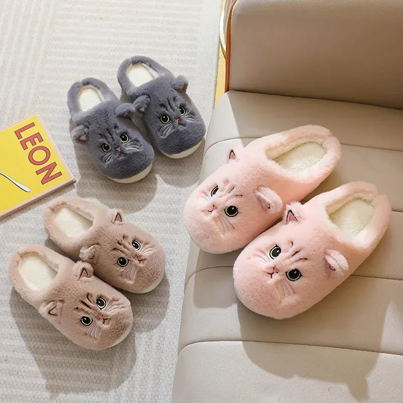 Cute Cat Fluffy Platform Slippers | Furry Plush Indoor Shoes