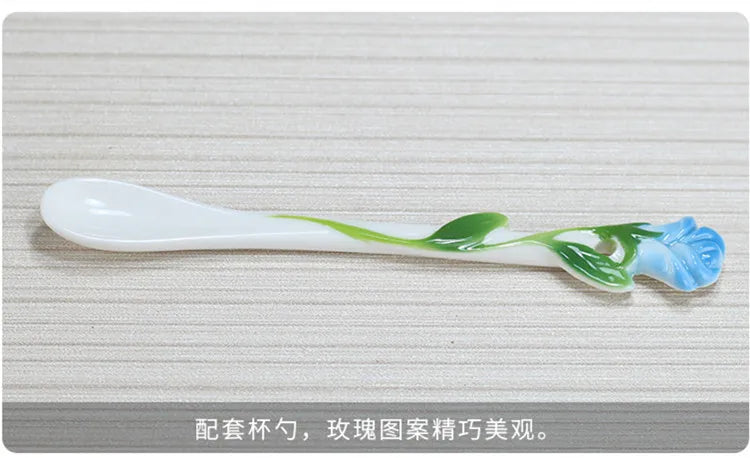 Creative 3D Rose Shape Ceramic Coffee Mug with Spoon - 4 Colors