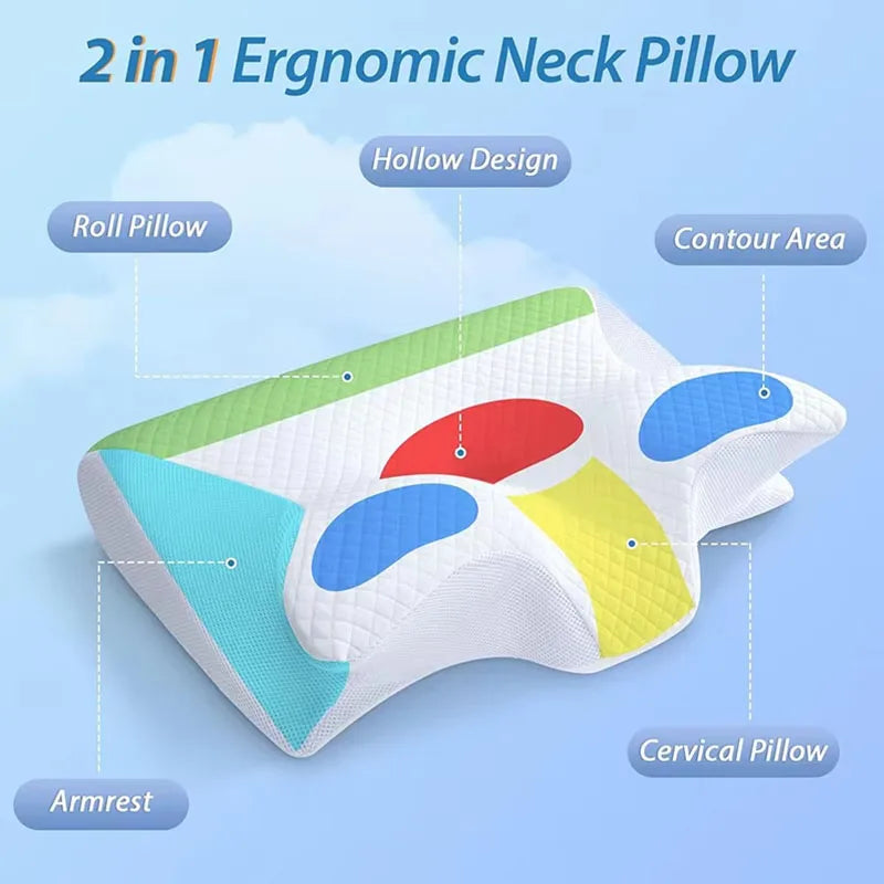 Cervical Memory Foam Pillow for Neck & Shoulder Pain Relief, Ergonomic Butterfly Design, Dual Height Contour Pillow for Side, Back & Stomach Sleepers