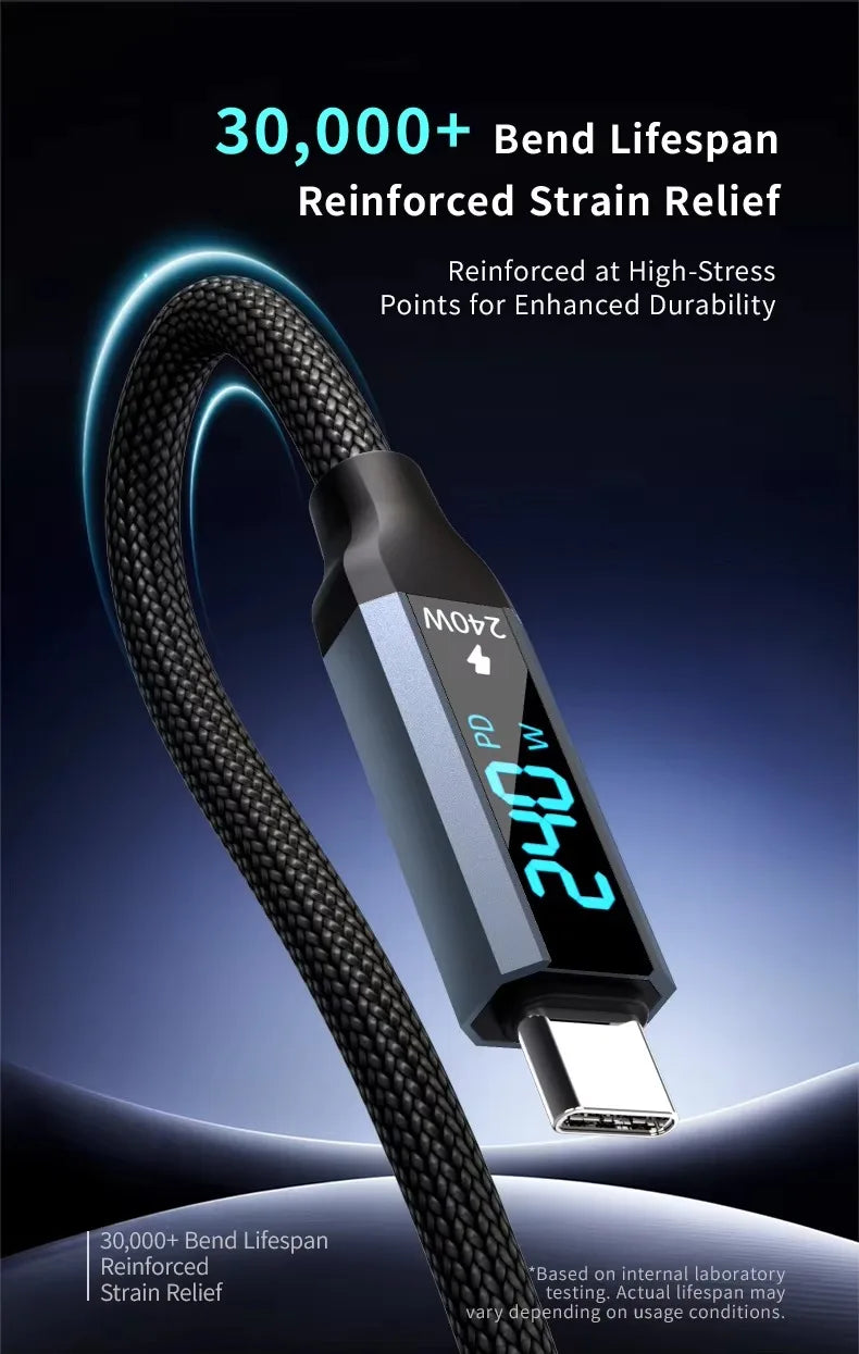 USB4 Cable with Real-Time LED Power Display 240W PD3.1 Fast Charging 40Gbps Data Transfer 8K@60Hz Video USB C to C Braided Cord