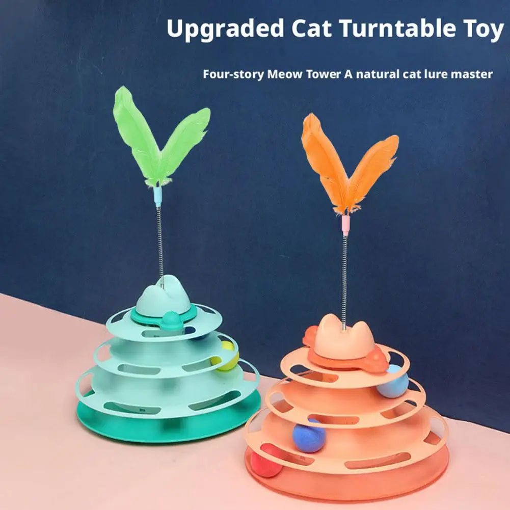 Pattern Feather Cat Toy, Three-layer Rotating Tower with Ball, Indoor Cat Interactive Fun&Christmas, New Year Pet Toys