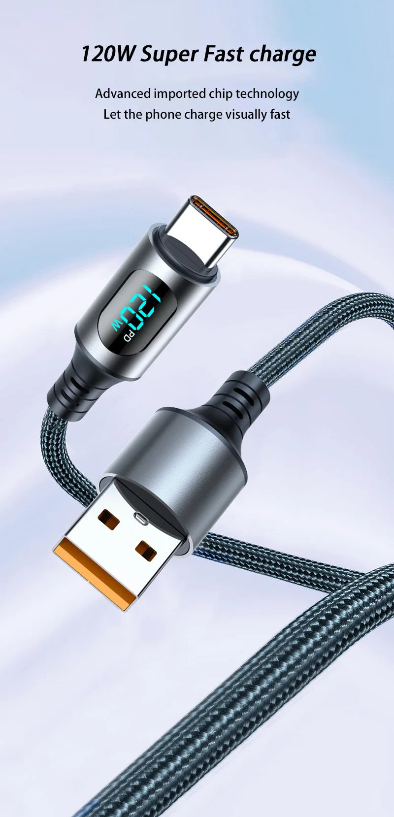 Cable A-C and C-C With Led Digital Display Cable Max 120W Super Fast Charge Cable For Xiaomi 17 Huawei Samsung iPhone Oneplus