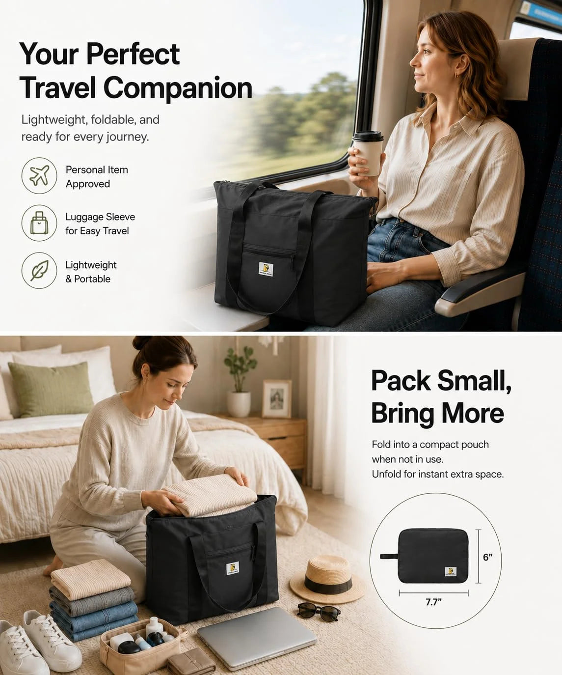 Foldable Travel Tote Bag | Large Waterproof Lightweight Weekender