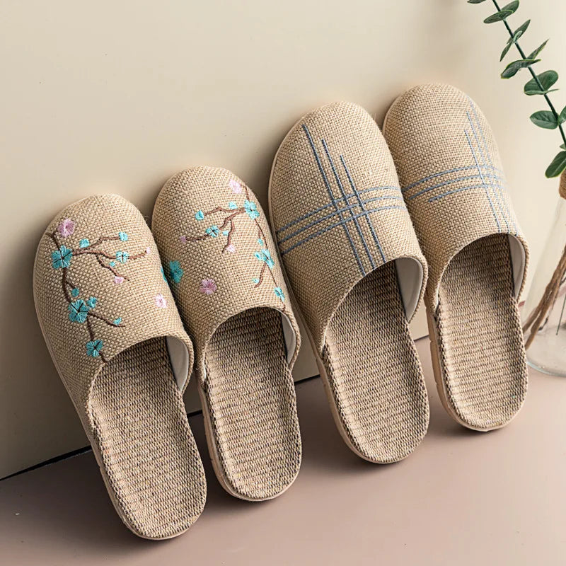 Cozy Indoor Embroidered Linen Slippers for Couples