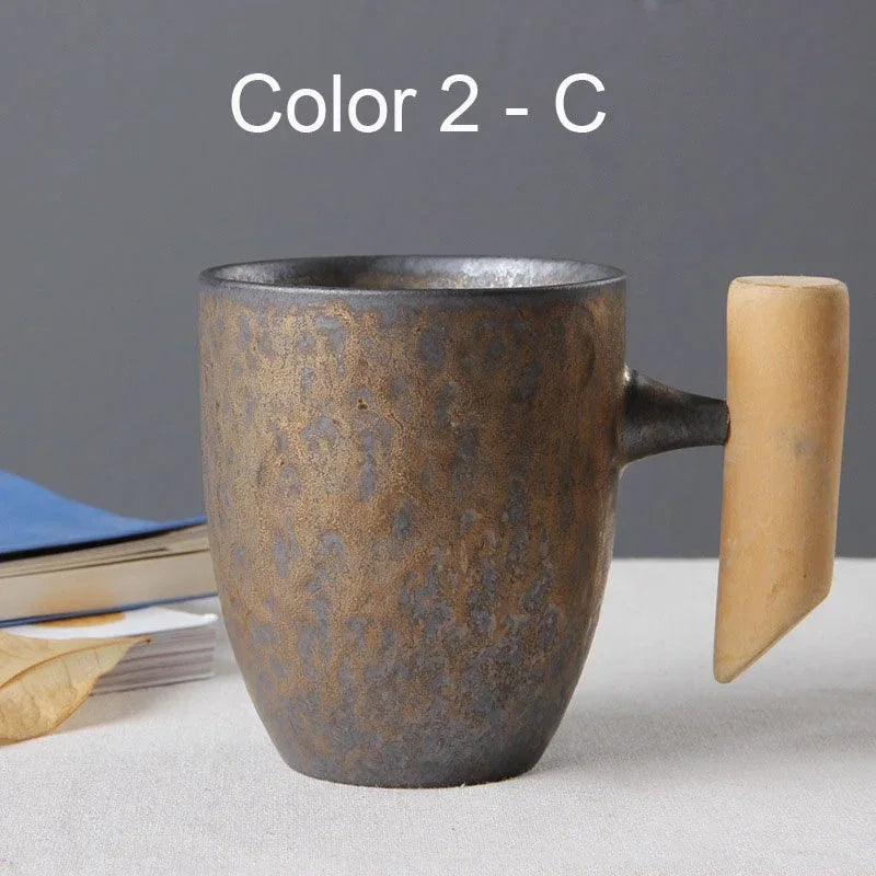 Vintage Ceramic Tea Cup Set with Wooden Handle | Elegant Drinkware
