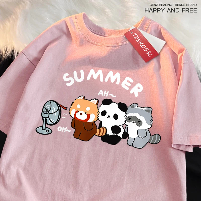 3 Raccoons Blowing Fans Print T-Shirt | Breathable Casual Wear