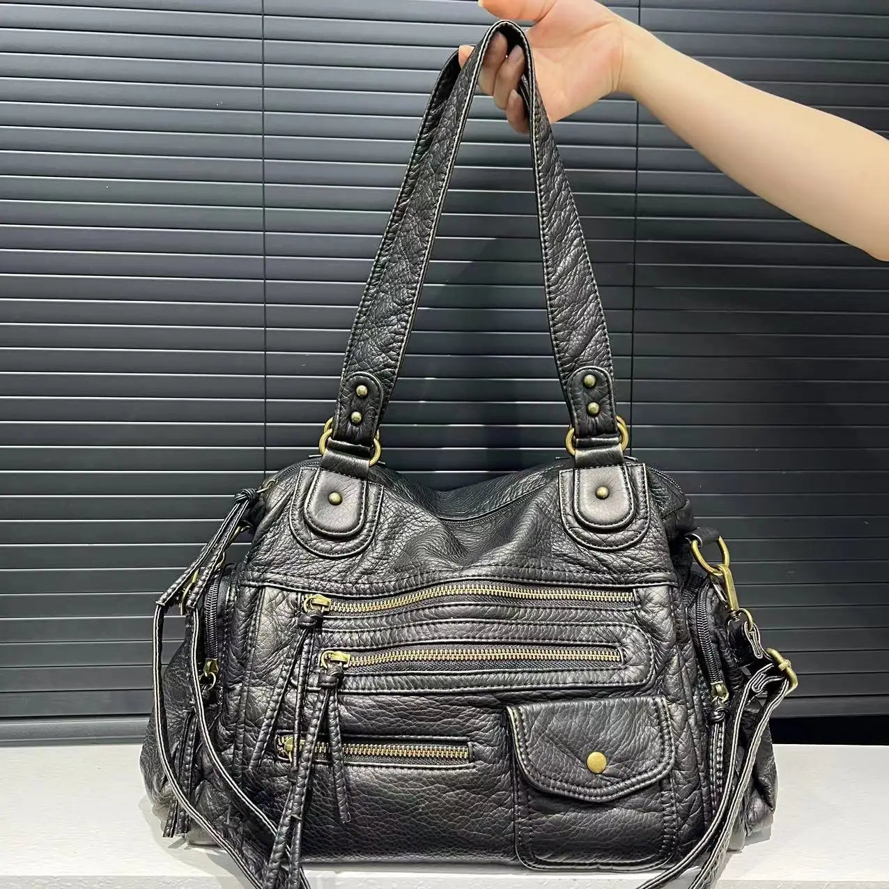 Vintage Washed Leather Crossbody Bag | Large Capacity Multi Pocket