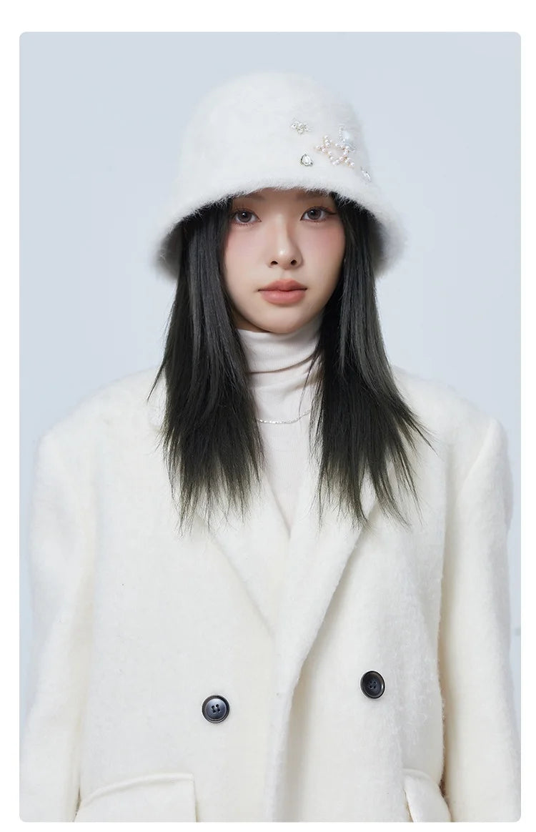 Oversized Rhinestone Rabbit Fur Bucket Hat | Stylish Warm Winter Cap