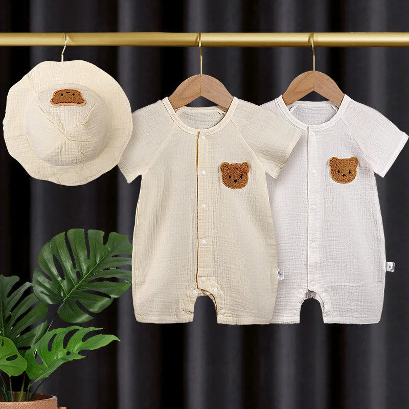 Cute Bear Muslin Baby Romper Hat Set | Ideal for Summer Comfort
