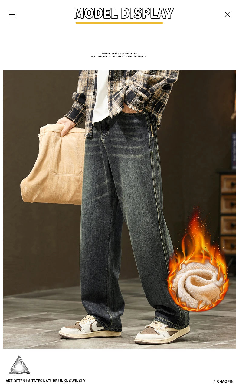 Winter Fleece Thick Cotton Jeans — Warm Korean Velvet Loose Wide Pants for Men, Elastic Waist Plush Tapered Outdoor Trousers
