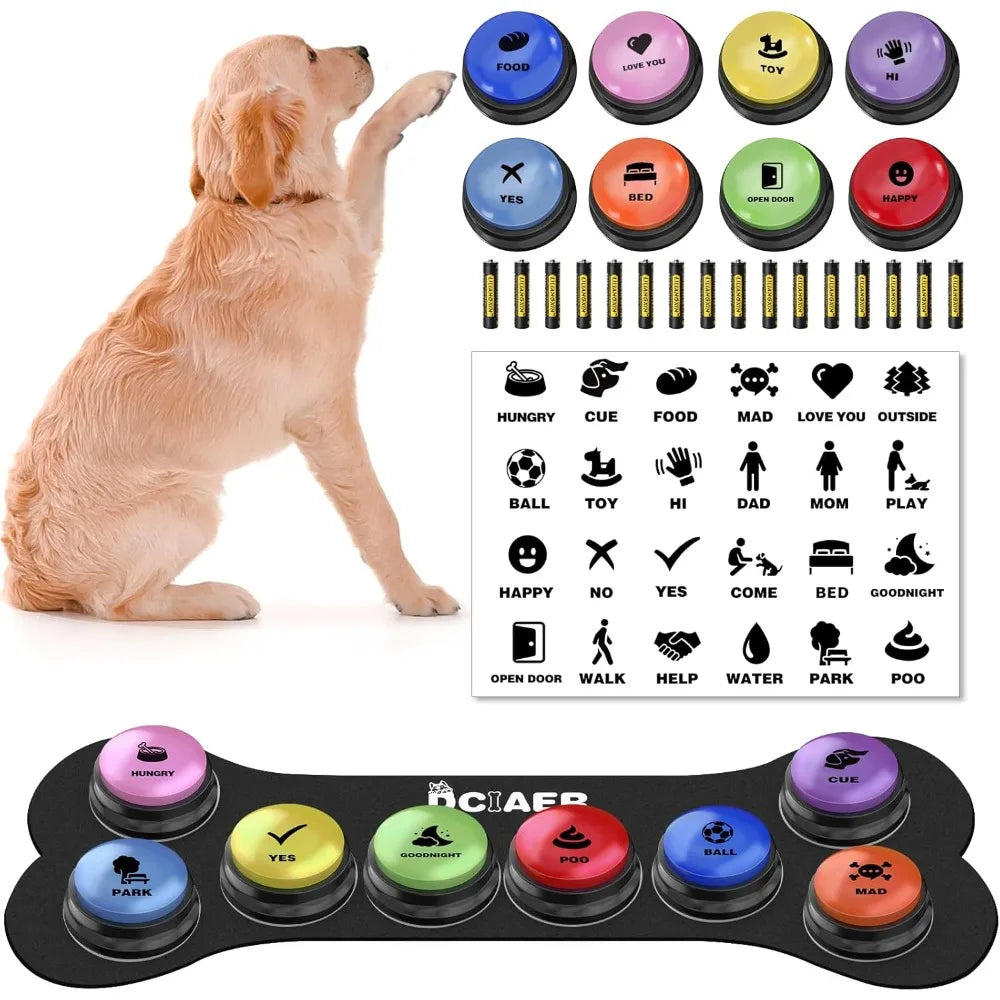 Botones para perros para comunicación, botones parlantes para perros, 8 botones de sonido grabables + 24 patrones de escenas + 1 alfombrilla para botones de perro + 16 pilas AAA