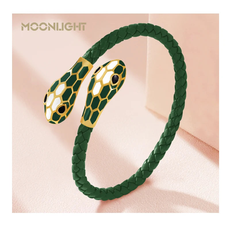 MOONLIGHT Classic Style Double Snake Head Cuff Bangles for Women Genuine Braided Leather Bracelets Female Fashion Jewelry Gifts