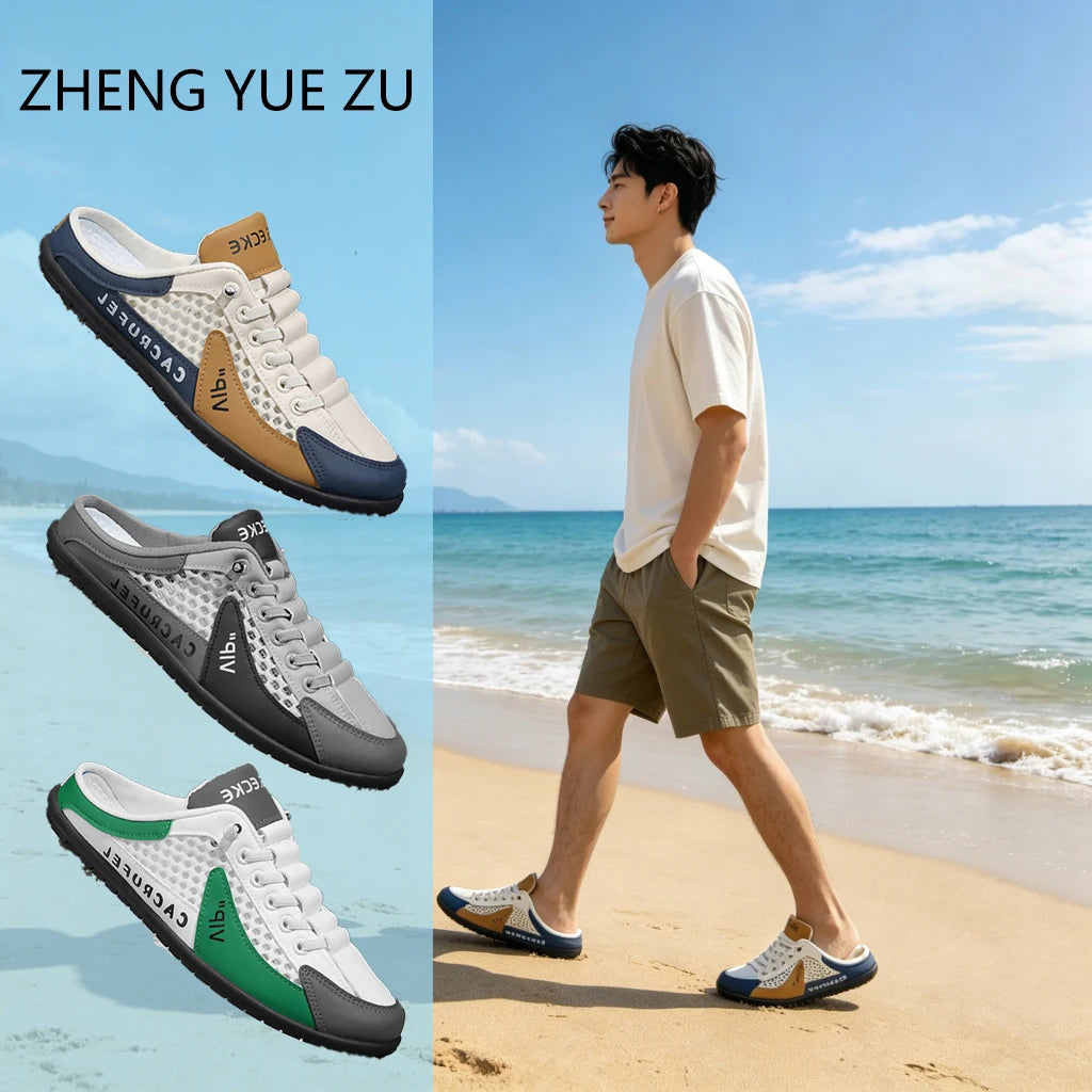 Summer Breathable Mesh Slip-On Half-Slipper for Men, Casual Soft-Soled Closed-Toe Slippers, Mesh Upper Is Refreshing and Breathable, Does Not Suffocate the Feet, Lace-Free Design Is Convenient for Lazy People