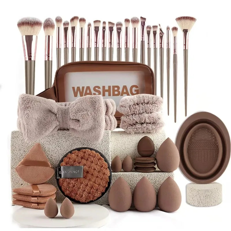 56 Piece Makeup Brush Set (Chocolate) – Full Face Cosmetics Kit with Wool Fiber Brushes, Eyeshadow Blending Brushes & Beauty Sponges